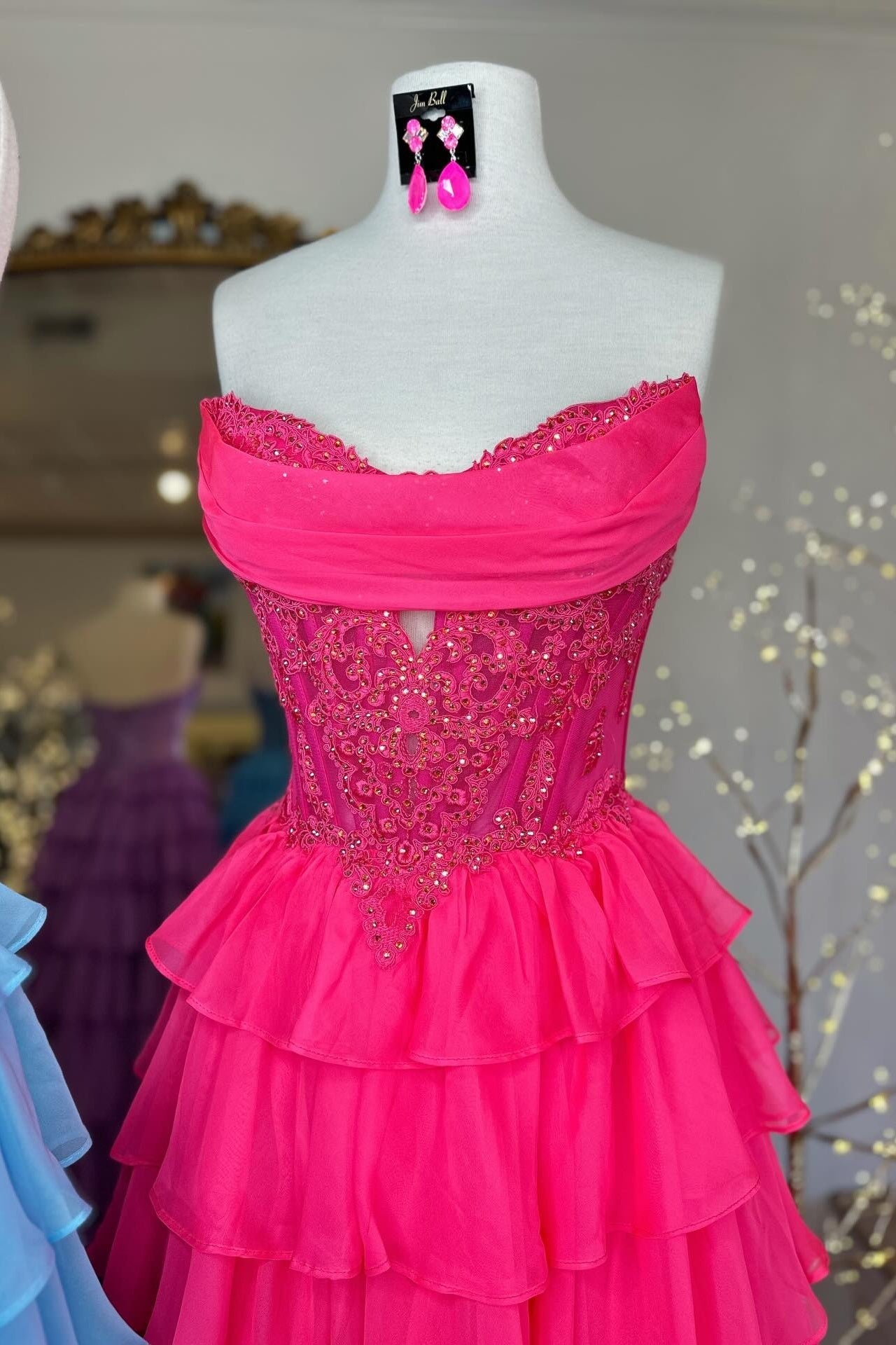 Strapless Blue Appliques Tiered Long Dress with Slit