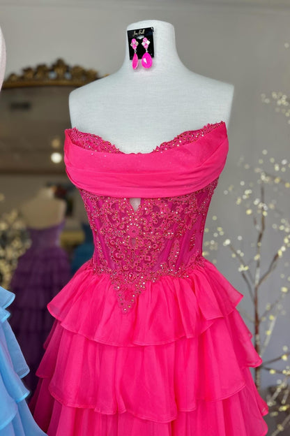 Strapless Blue Appliques Tiered Long Dress with Slit