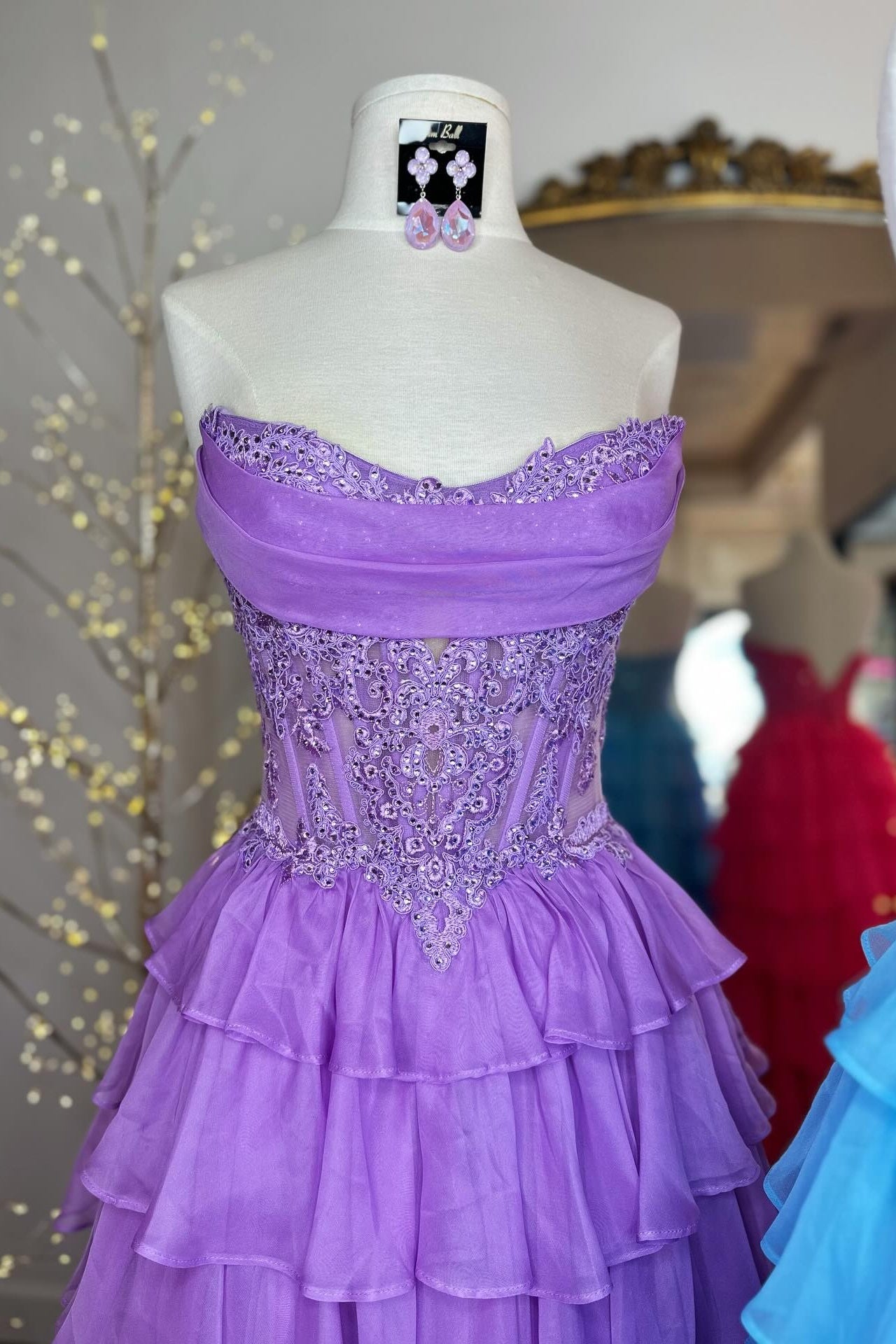 Strapless Blue Appliques Tiered Long Dress with Slit