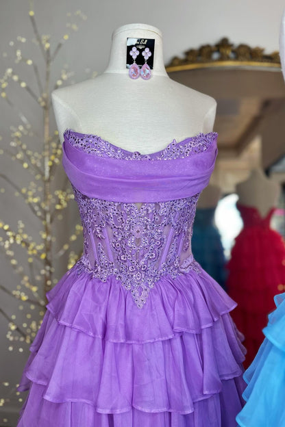 Strapless Blue Appliques Tiered Long Dress with Slit