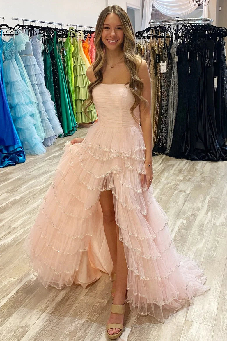 Tube Top Sleeveless Sequined Beaded Tulle Pleated  Tiered A-line Prom Dress with High Slit
