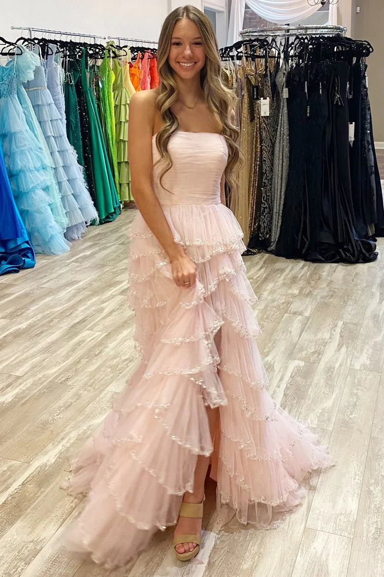 Tube Top Sleeveless Sequined Beaded Tulle Pleated  Tiered A-line Prom Dress with High Slit