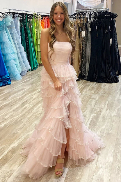 Tube Top Sleeveless Sequined Beaded Tulle Pleated  Tiered A-line Prom Dress with High Slit