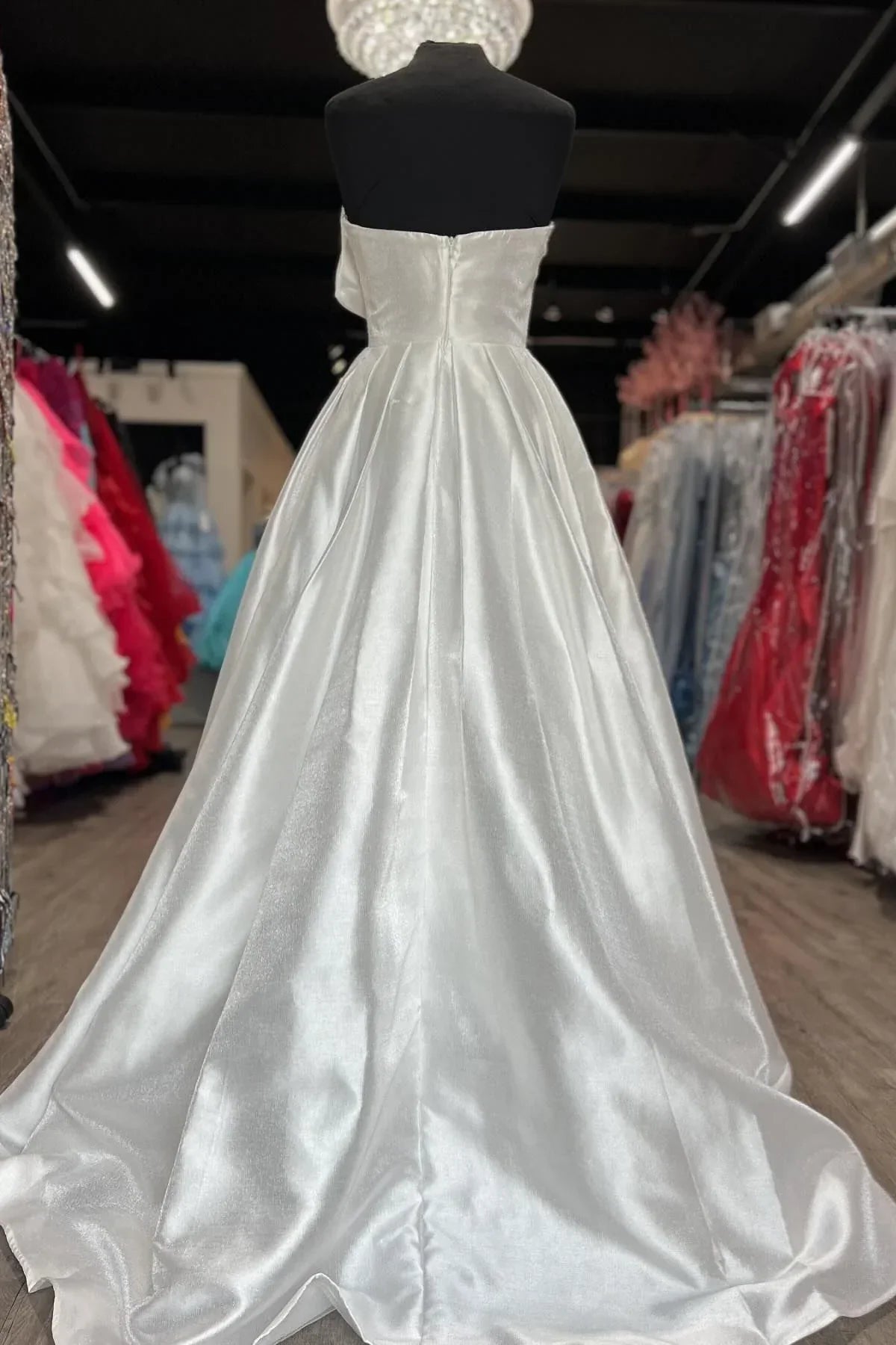 Strapless Light Pink Satin Prom Dress A-line Long with Bow