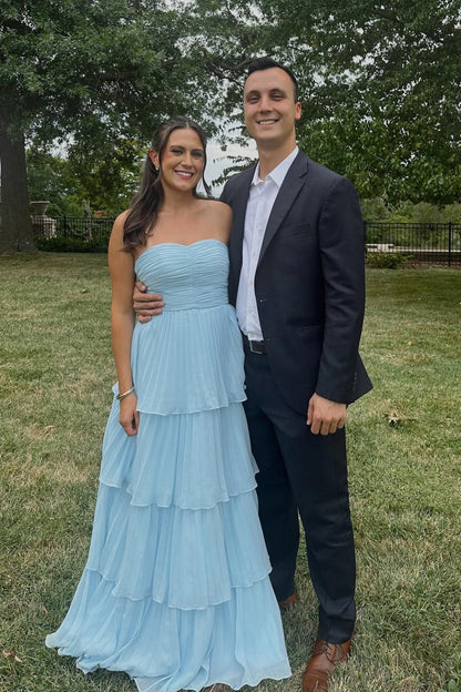 Sweetheart Strapless Tiered A-line Prom Dress Sleeveless Pleated Chiffon Floor-Length Party Gowns