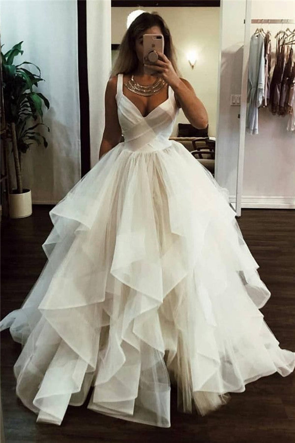 V-Neck Straps Sleeveless Floor-Length Tulle Pleated Tiered Wedding Dress