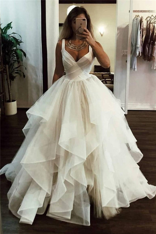 V-Neck Straps Sleeveless Floor-Length Tulle Pleated Tiered Wedding Dress