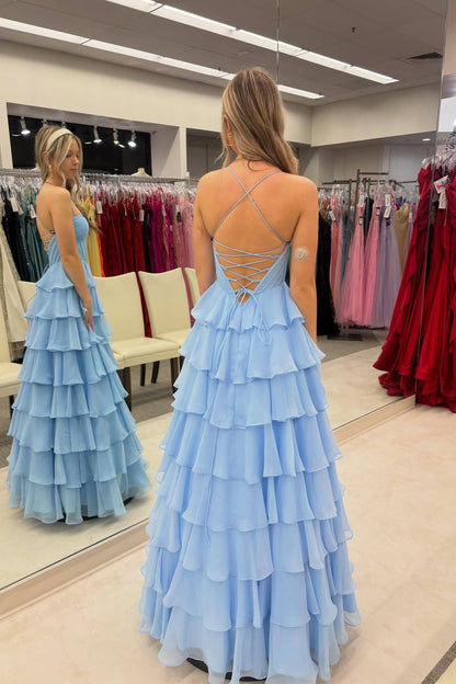 Straps Blue Pleated Tiered A-Line Long Dress