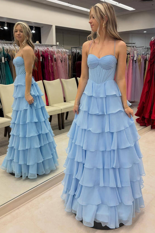 Straps Blue Pleated Tiered A-Line Long Dress