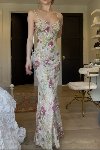 Sweetheart Straps Floral Embellishments Long Dress