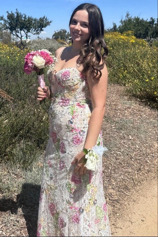 Sweetheart Straps Floral Embellishments Long Dress