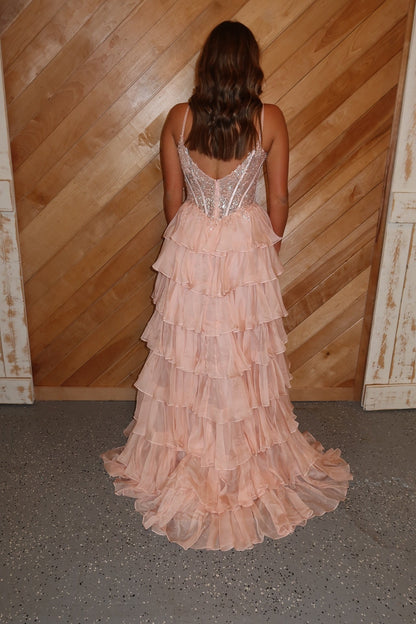 Straps Light Pink Appliques Tiered Long Dress with Slit