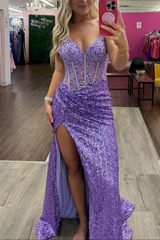 Straps Purple Sheer Sequin Long Dress with Slit