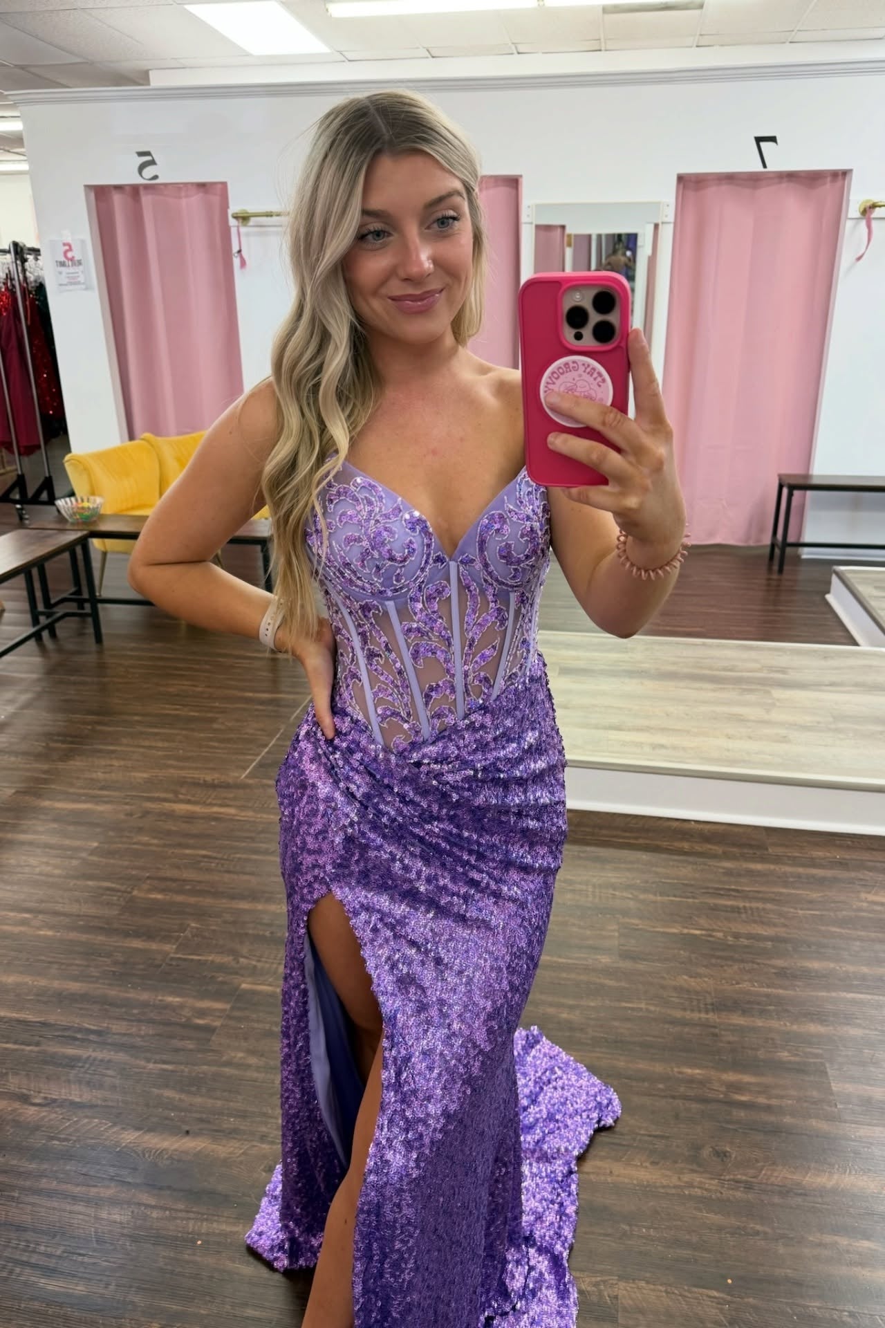 Straps Purple Sheer Sequin Long Dress with Slit