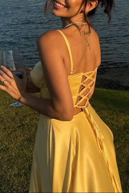 Spaghetti Straps Yellow A-line Satin Long Dress Lace-up
