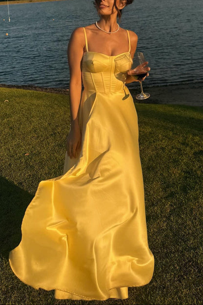 Spaghetti Straps Yellow A-line Satin Long Dress Lace-up