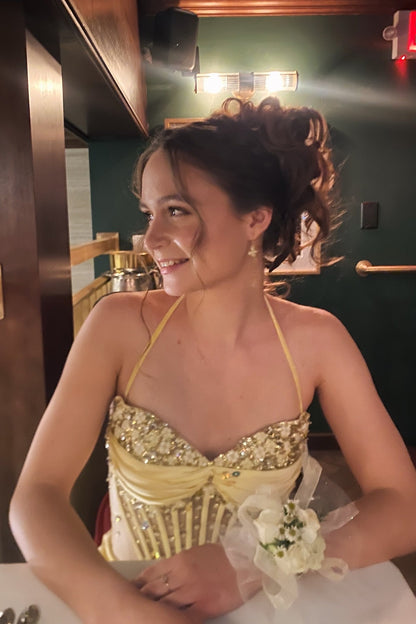 Straps Yellow Beaded Long Dress with Slit