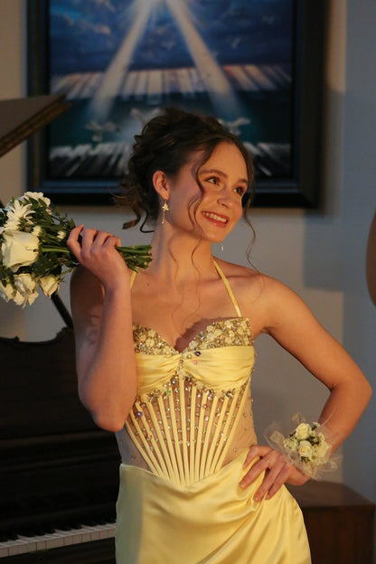 Straps Yellow Beaded Long Dress with Slit