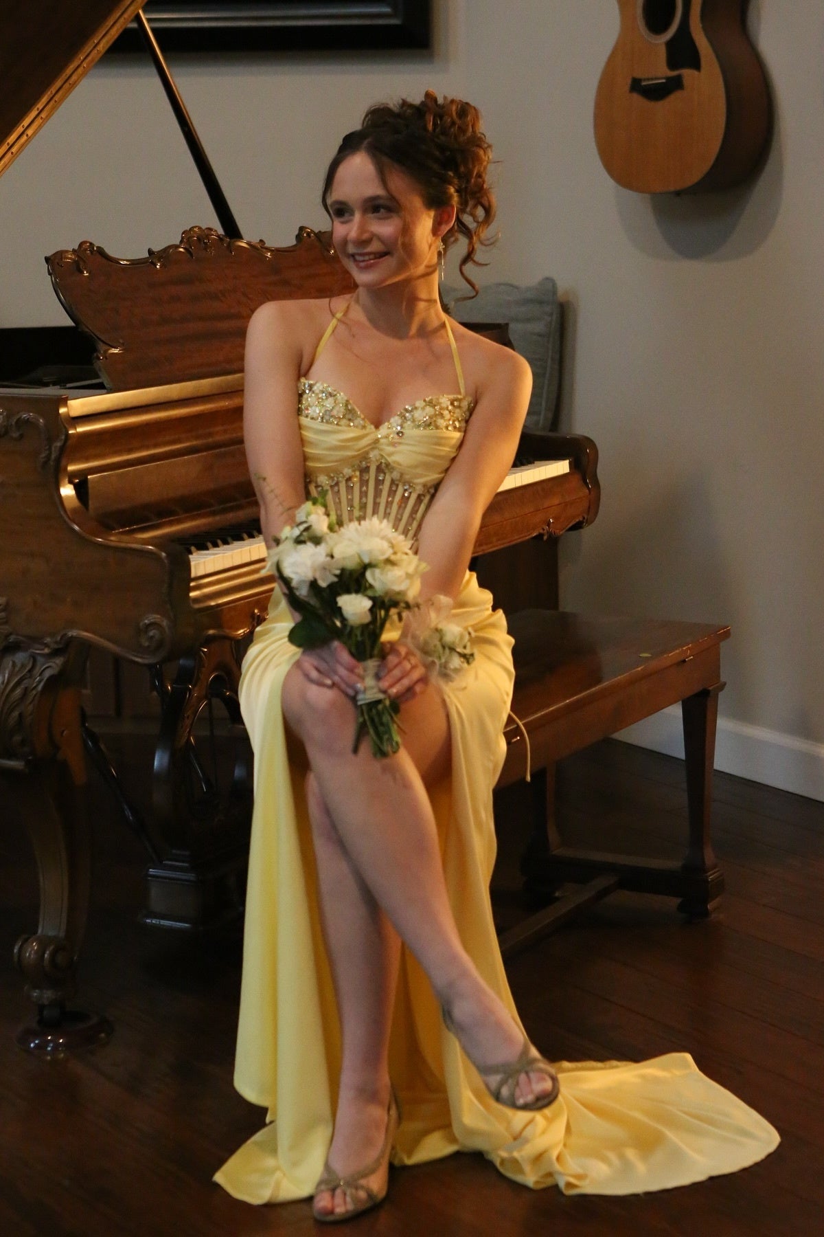 Straps Yellow Beaded Long Dress with Slit