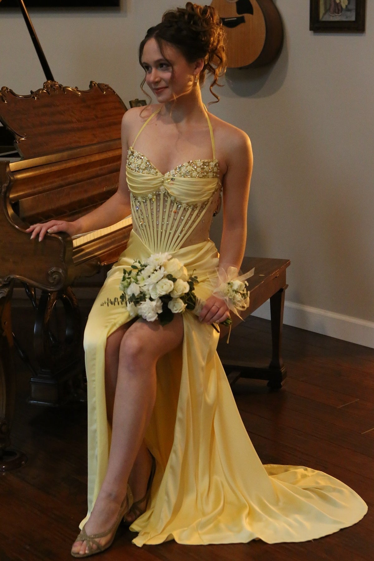 Straps Yellow Beaded Long Dress with Slit