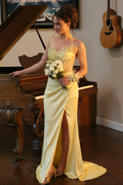 Straps Yellow Beaded Long Dress with Slit