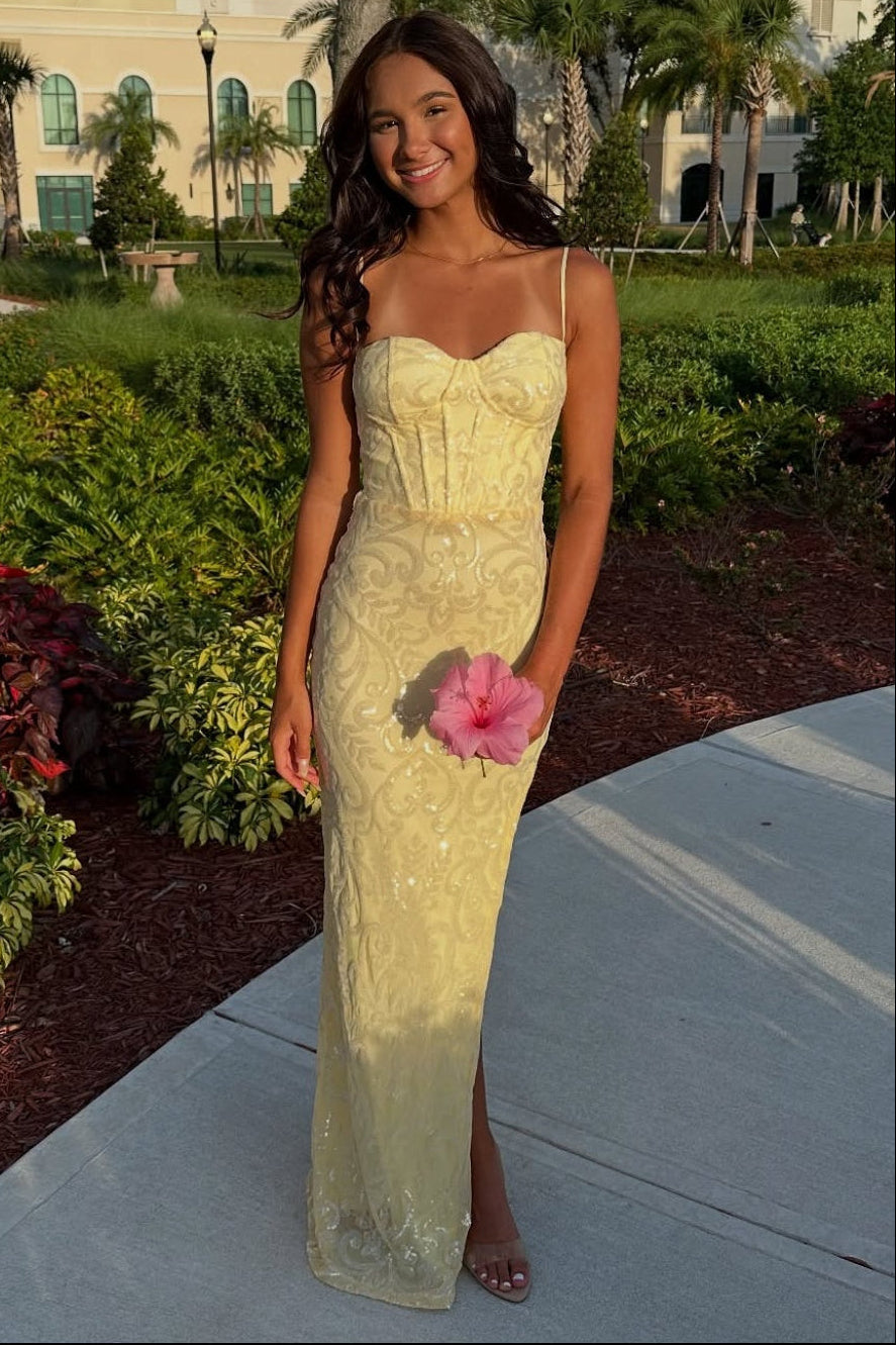 Elegant Straps Yellow Sequin Appliques Fitted Long Dress