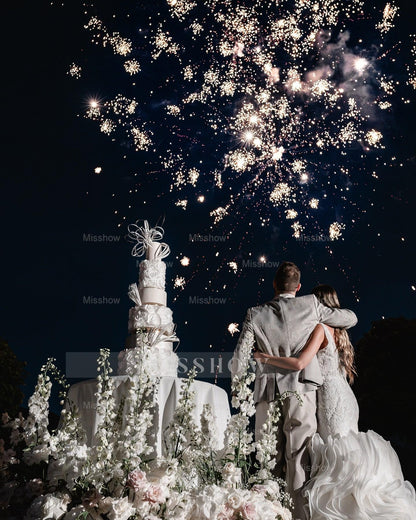 White Mermaid Spaghetti Straps Sleeveless Beaded Lace Wedding Dress