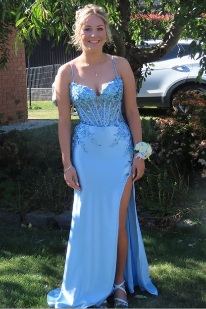Stunning Light Blue Beaded Corset Prom Dress with Thigh-High Slit
