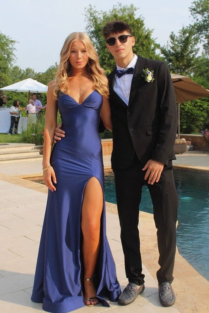 Stunning Mermaid Spaghetti Straps Navy Blue Long Prom Dress