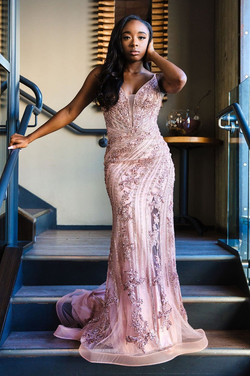 Stunning Mermaid Spaghetti Straps Pink Long Prom Dress