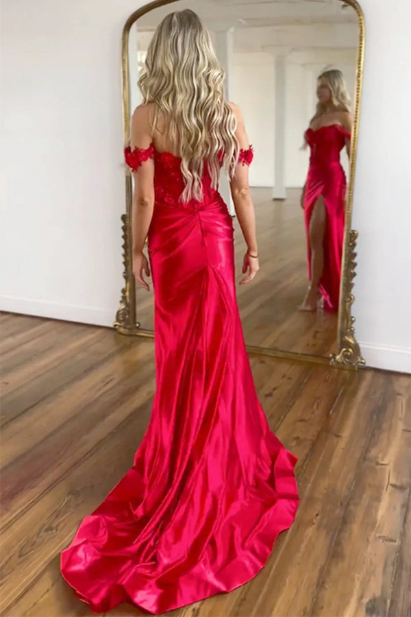 Stunning Off The Shoulder Red Long Prom Dress With 3D Flowers