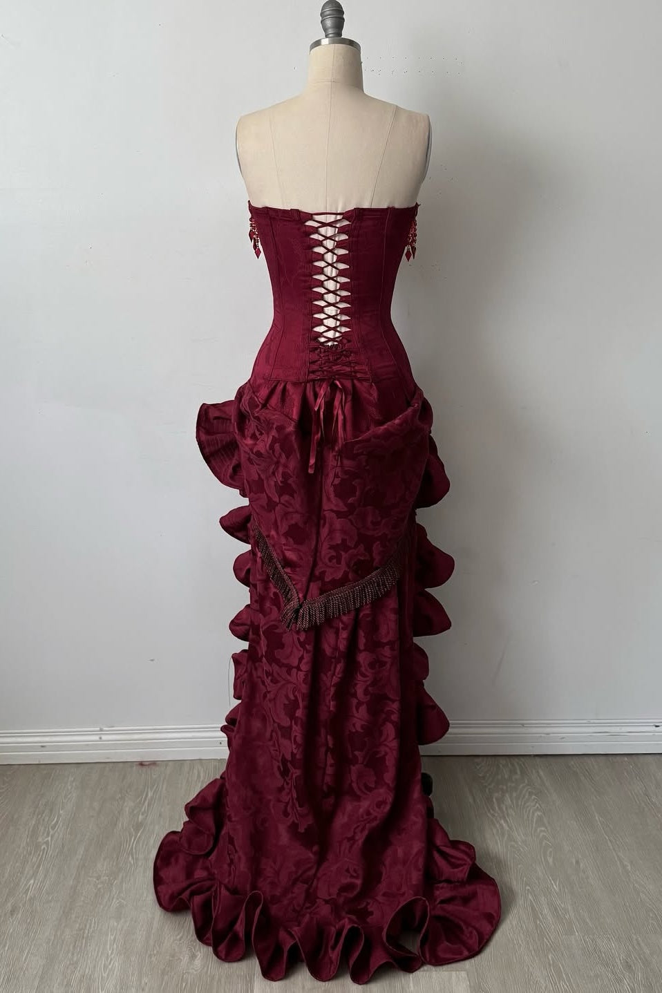 Stylish High Low  Strapless Burgundy Long Prom Dress with Tassel Ruffles