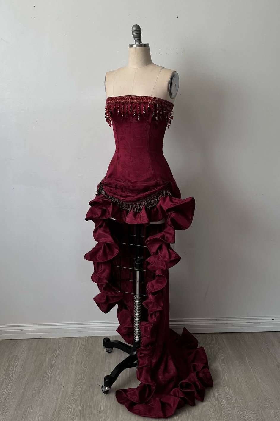 Stylish High Low  Strapless Burgundy Long Prom Dress with Tassel Ruffles