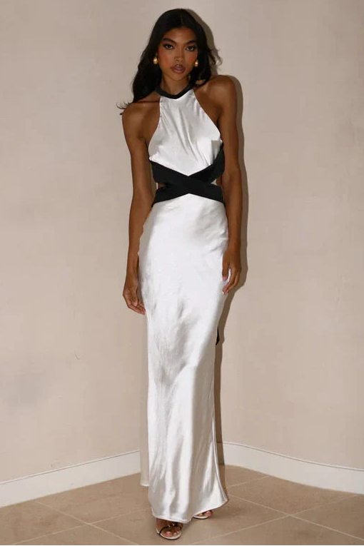 Stylish Sheath Halter Neck White Long Party Dress with Open Back