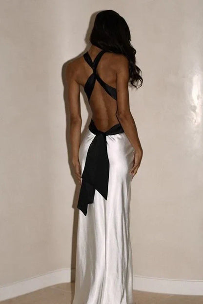 Stylish Sheath Halter Neck White Long Party Dress with Open Back