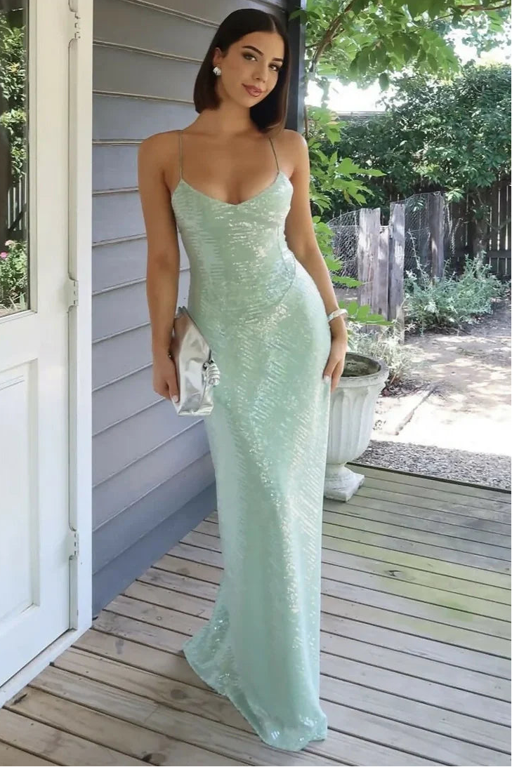 Stylish Sheath Spaghetti Straps Light Green Sequins Long Prom Dress
