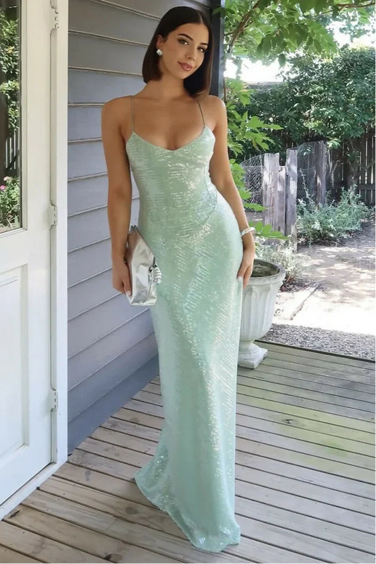 Stylish Sheath Spaghetti Straps Light Green Sequins Long Prom Dress