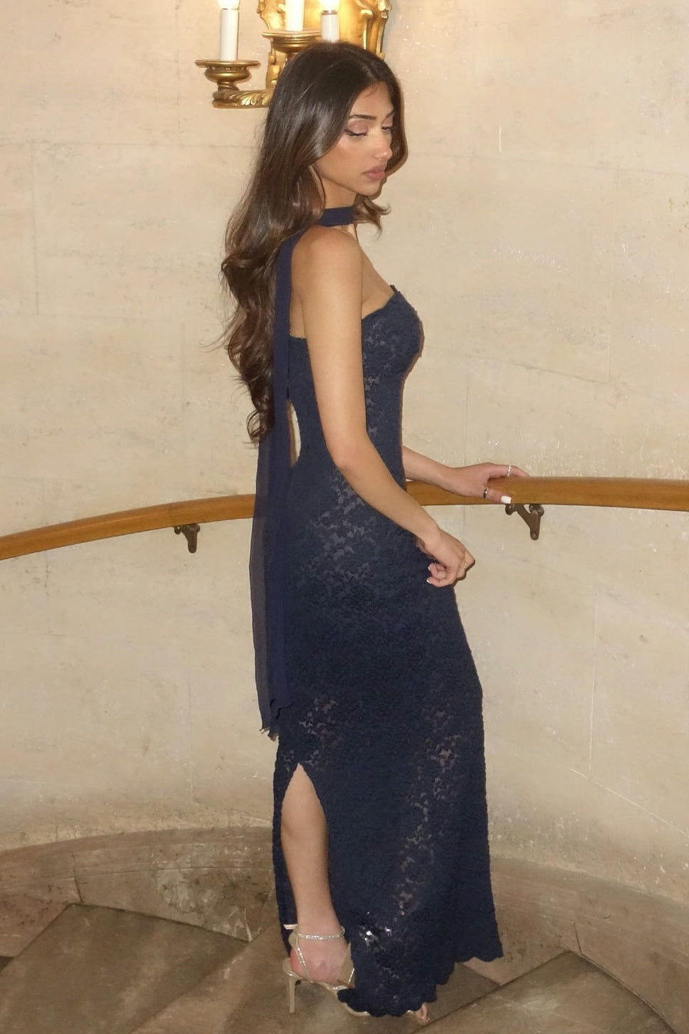 Stylish Sheath Strapless Navy Blue Lace Long Party Dress