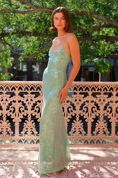 Stylish Sheath Spaghetti Straps Light Green Sequins Long Prom Dress