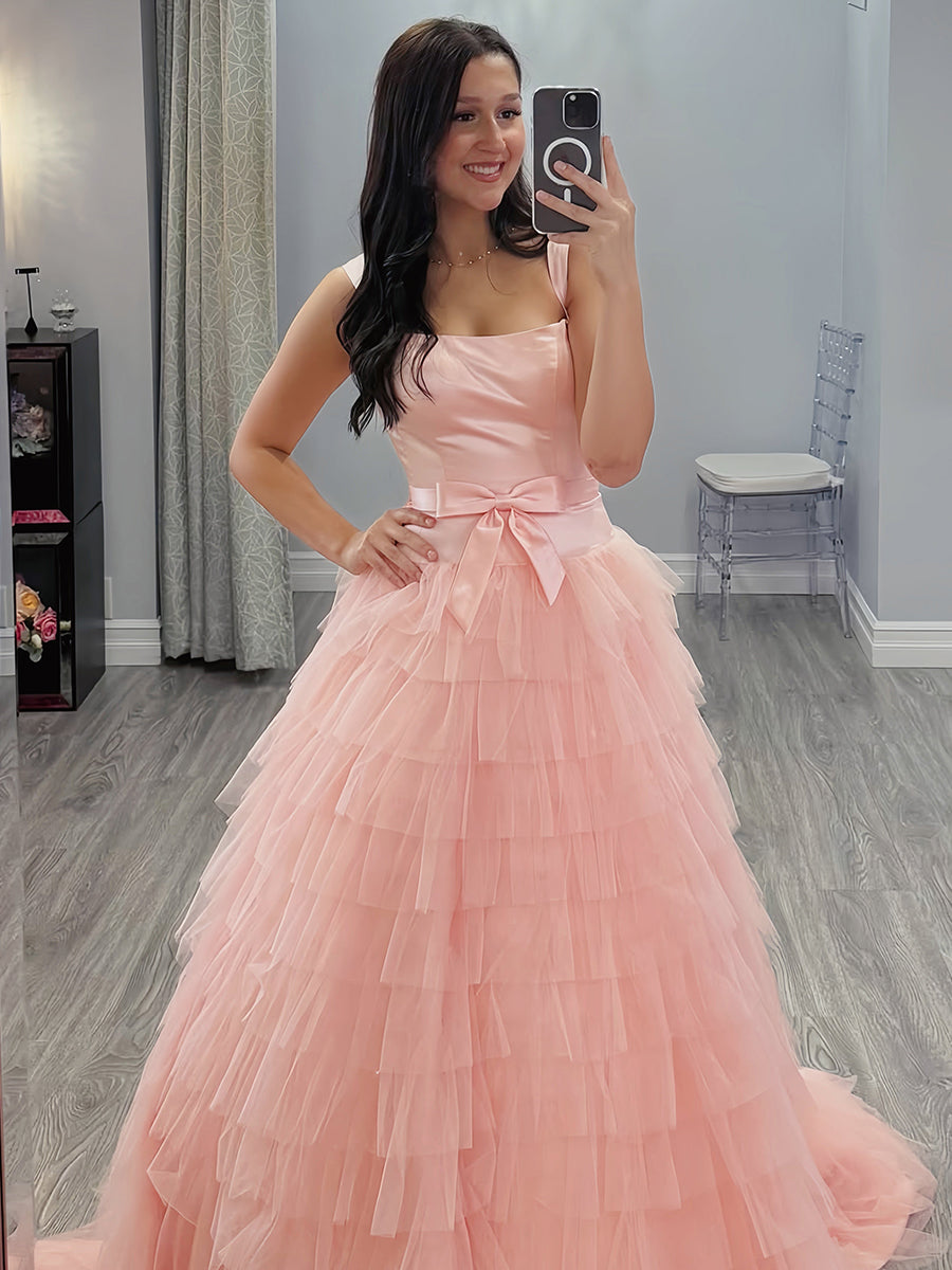 Sweet Light Pink Tiered Ruffle Tulle Prom Dress with Bow