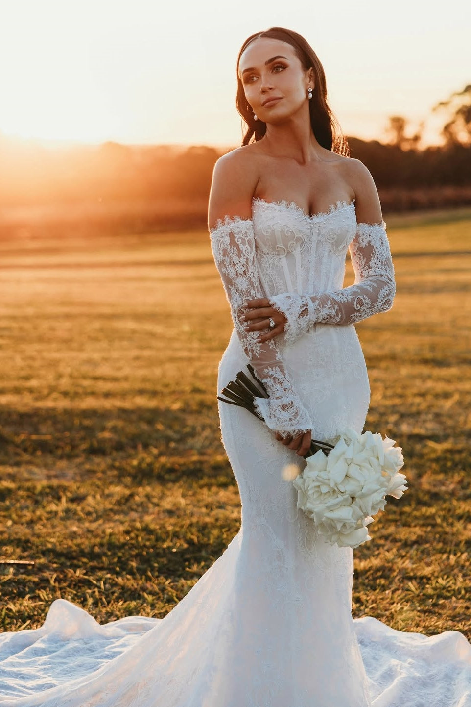 Sweetheart Beach Wedding Dress Mermaid Corset Lace Panel Train Bridal Gown