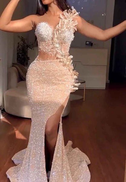 Sweetheart Beaded Floral Embellished Sequins Sheath Prom Dress