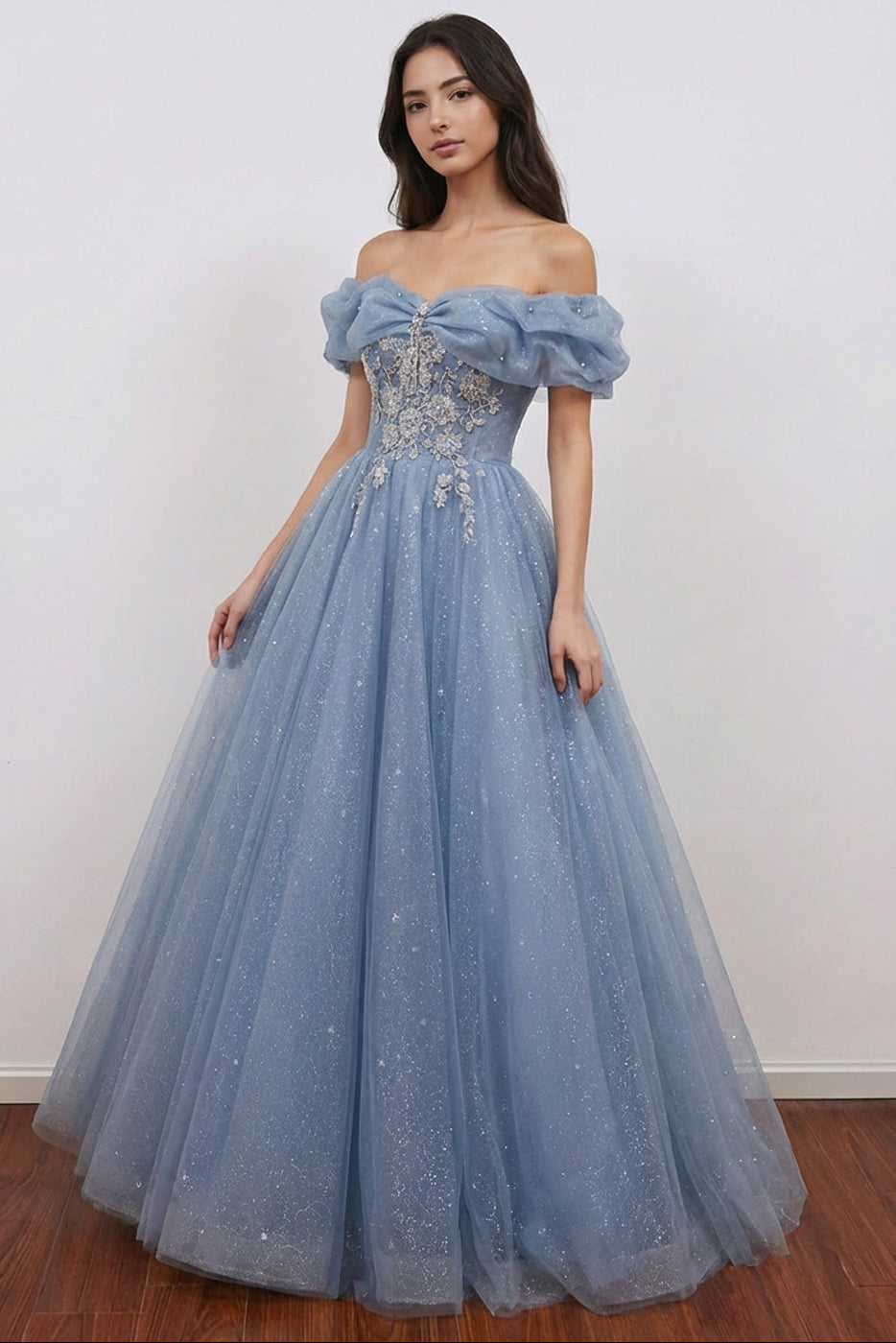 Sweetheart Blue Applique Off Shoulder Prom Dress
