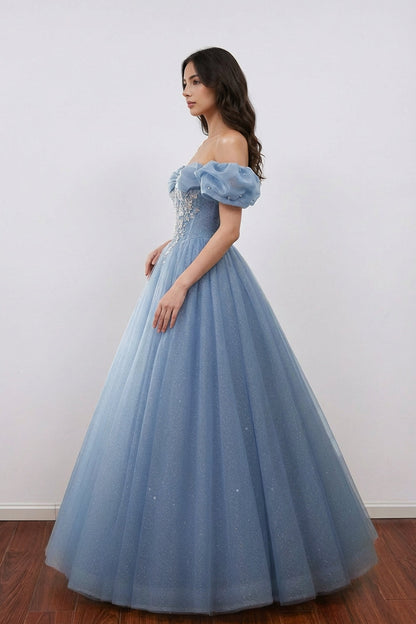 Sweetheart Blue Applique Off Shoulder Prom Dress