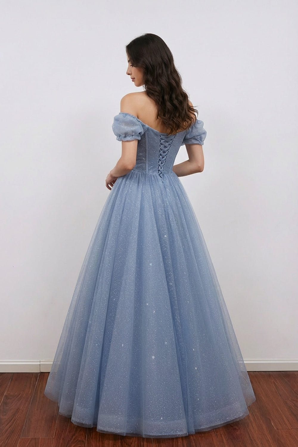 Sweetheart Blue Applique Off Shoulder Prom Dress