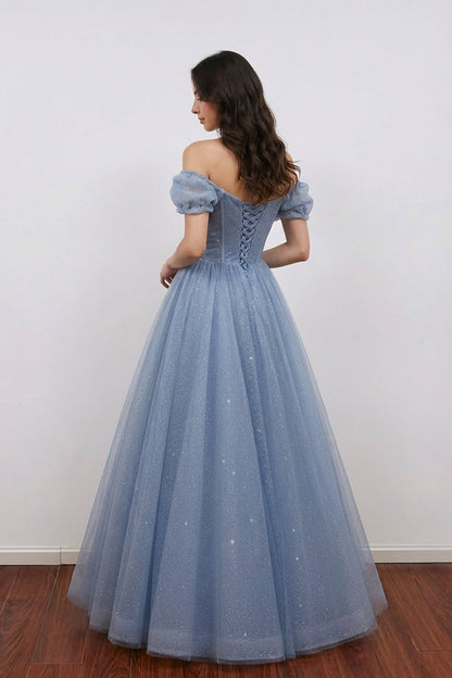 Sweetheart Blue Applique Off Shoulder Prom Dress