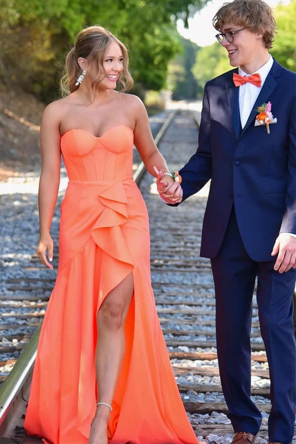 Sweetheart Mermaid Orange Long Prom Dress with Slit