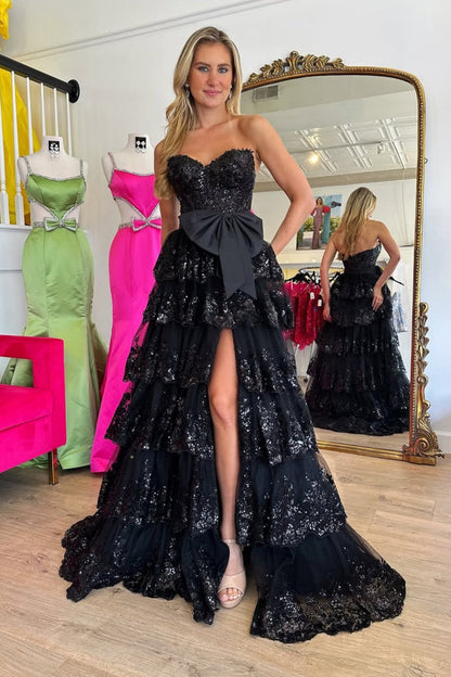 Black Sequin Strapless Prom Evening Gown