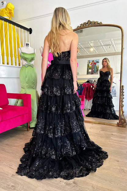 Black Sequin Strapless Prom Evening Gown
