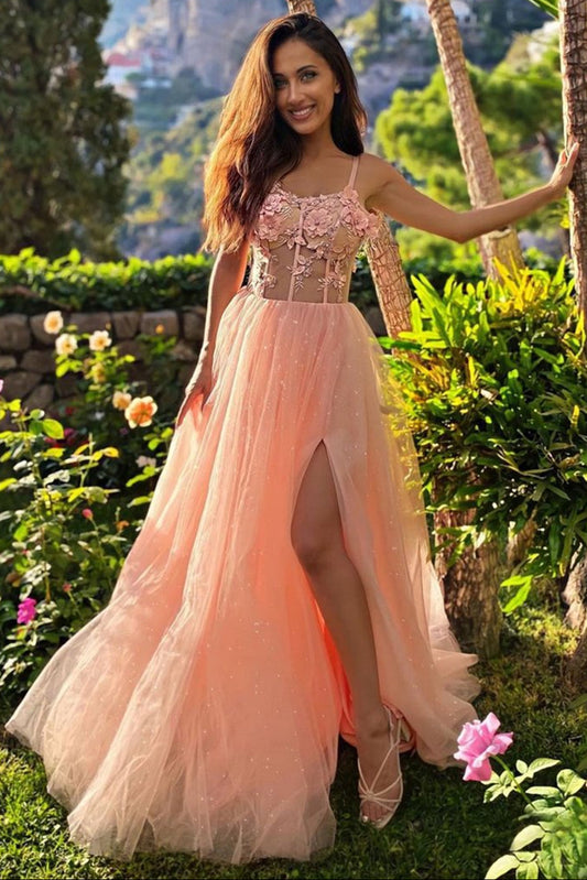 Pink Lace Long Formal Evening Dress